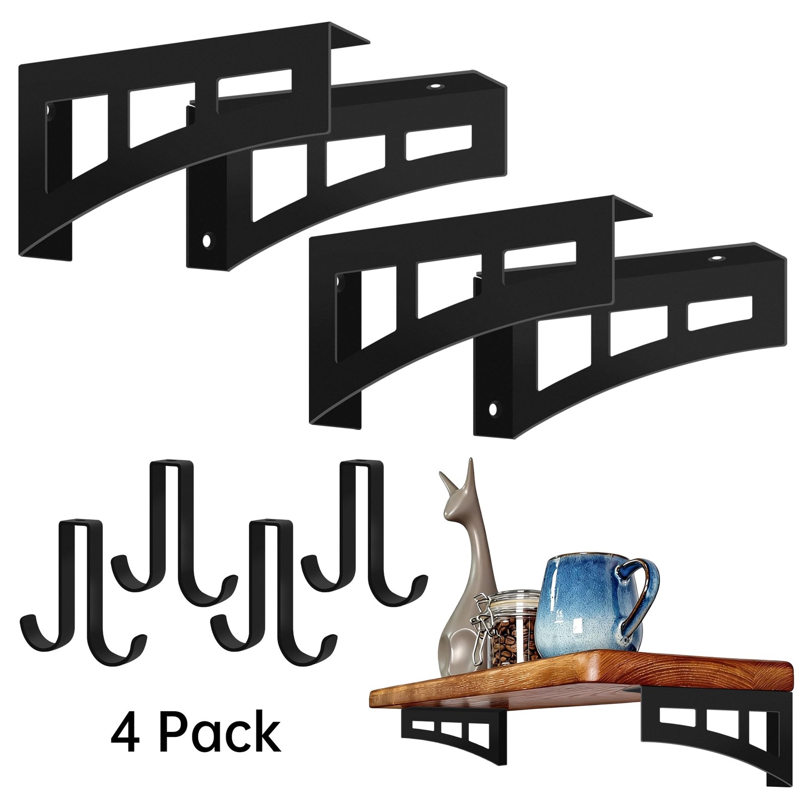 4 PCS 6 Inch Shelf Brackets With 4 Hooks HShape Heavy Duty Metal Black Set