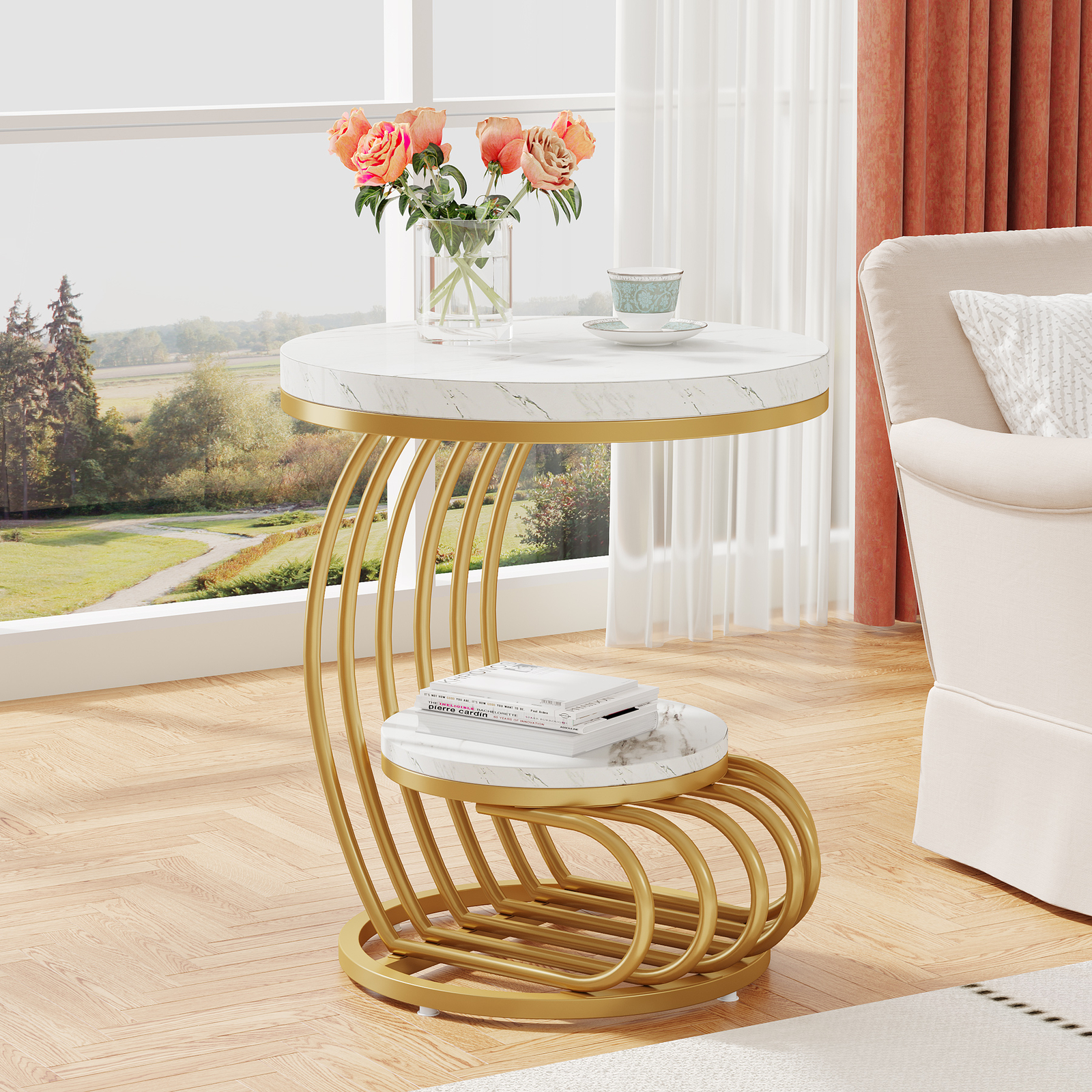 20″ White Gold Modern Wood End Table, 2 Tier Faux Marble Side Table with Storage