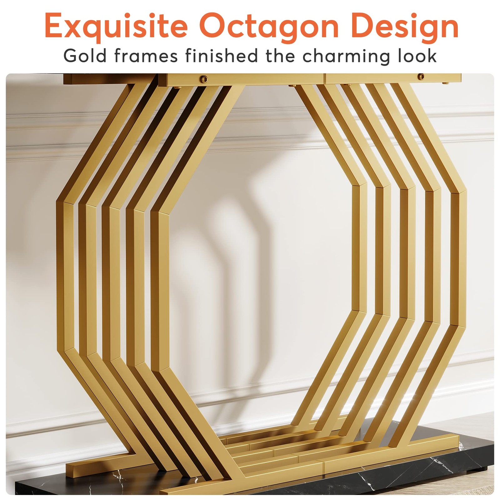 Gold Console Table, Faux Marble Entryway Table Narrow Sofa Table with Geometr…