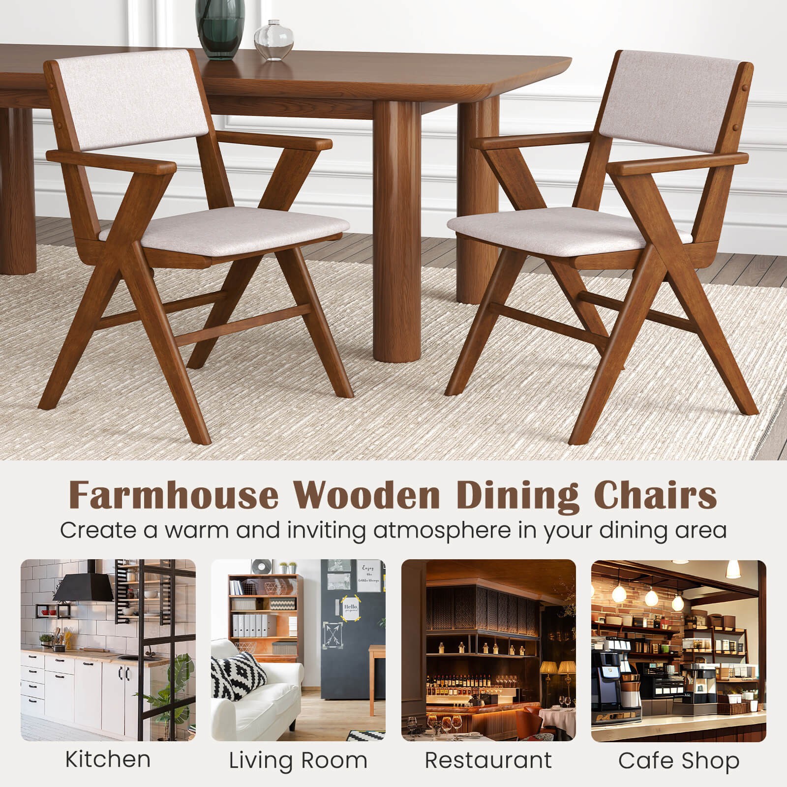 Wooden Dining Chair Set of 2 w/ Rubber Wood Frame Padded Seat & Back Armrests