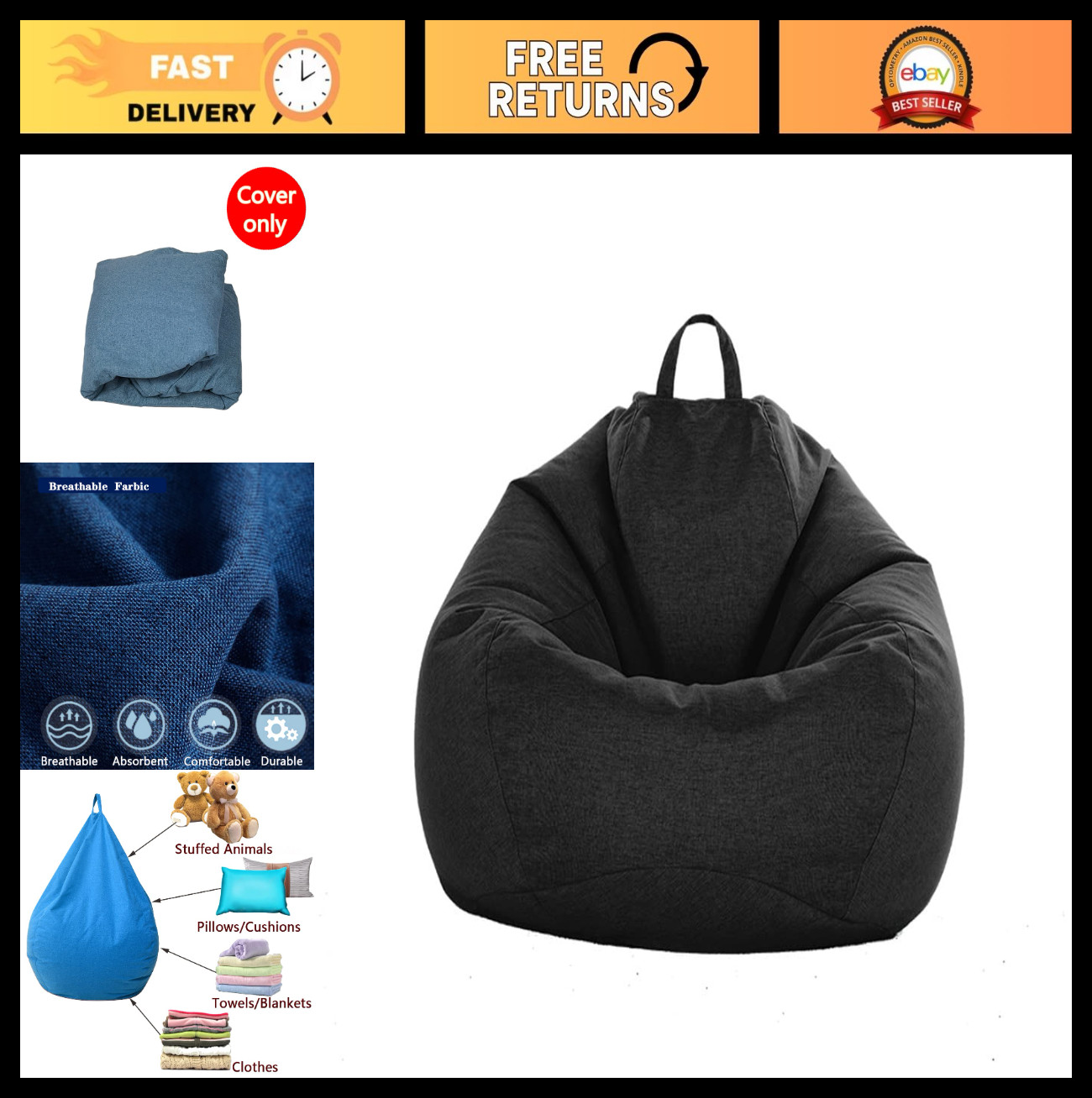 Extra Soft Stuffed Animal Storage Bean Bag Cover – Cotton Linen Memory Foam Seat