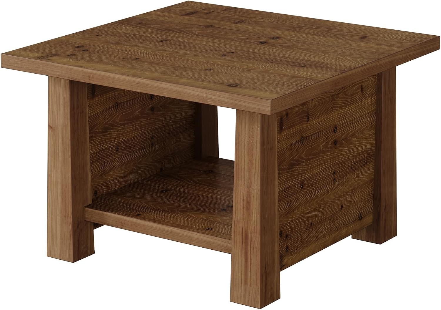 Solid Wood Coffee Table 31.5 Inch Square Rustic Brown Two-Tier Storage Shelf