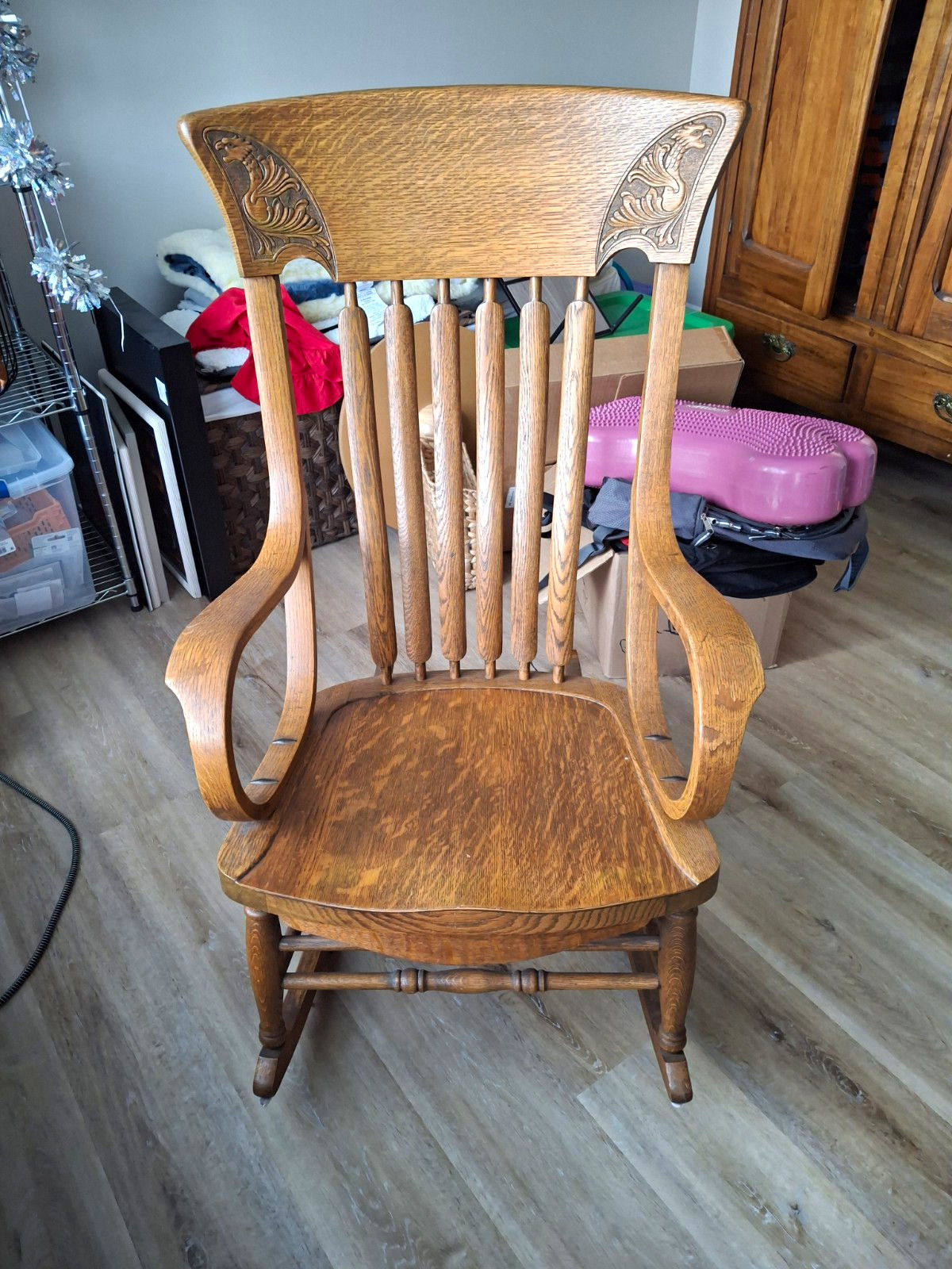 Solid Oak Rocking Chair Brown Medium Tone High Back w/ Arms Carved Back