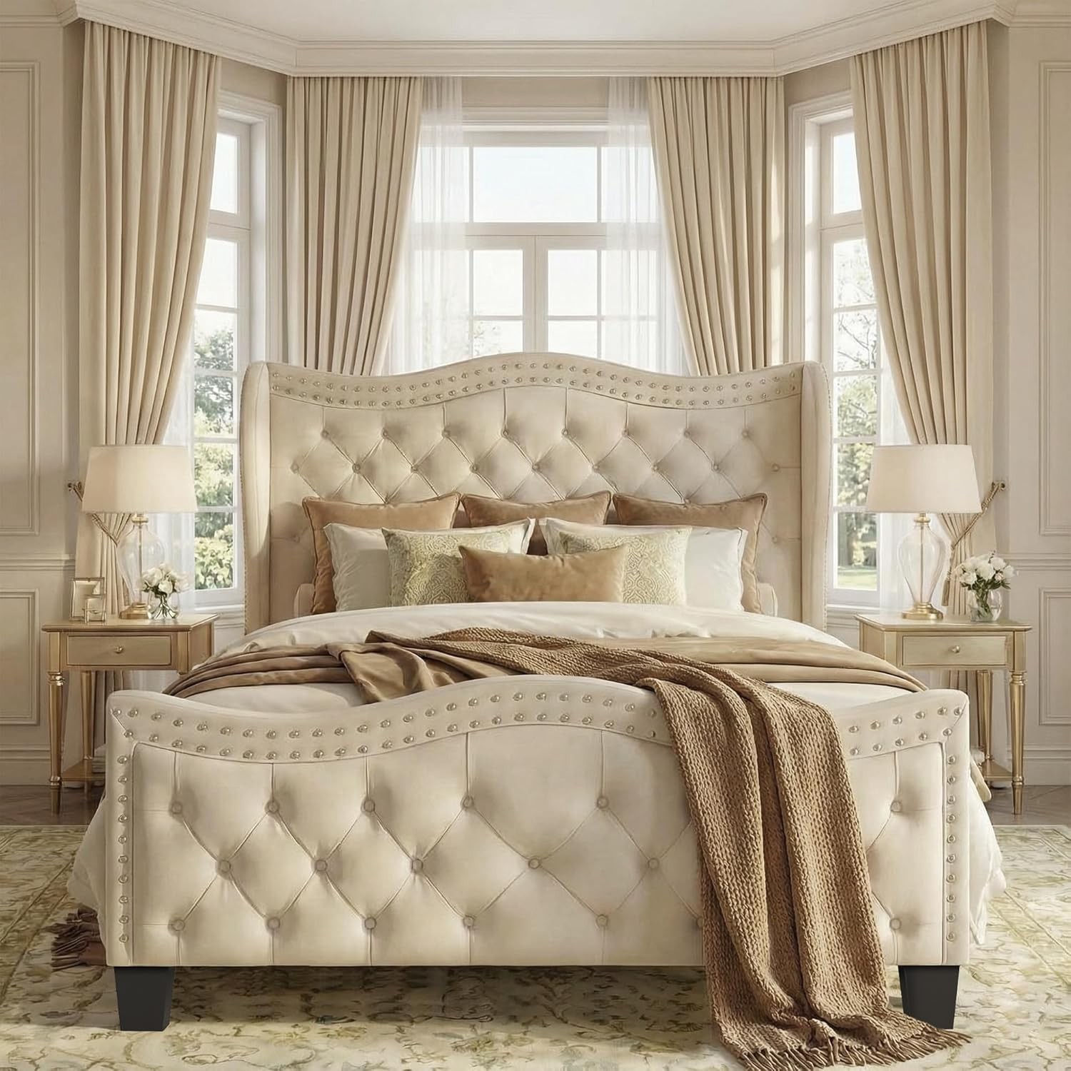 50″ Tall Queen Wingback Bed Frame, Cream Ivory Velvet Button Headboard Footboard