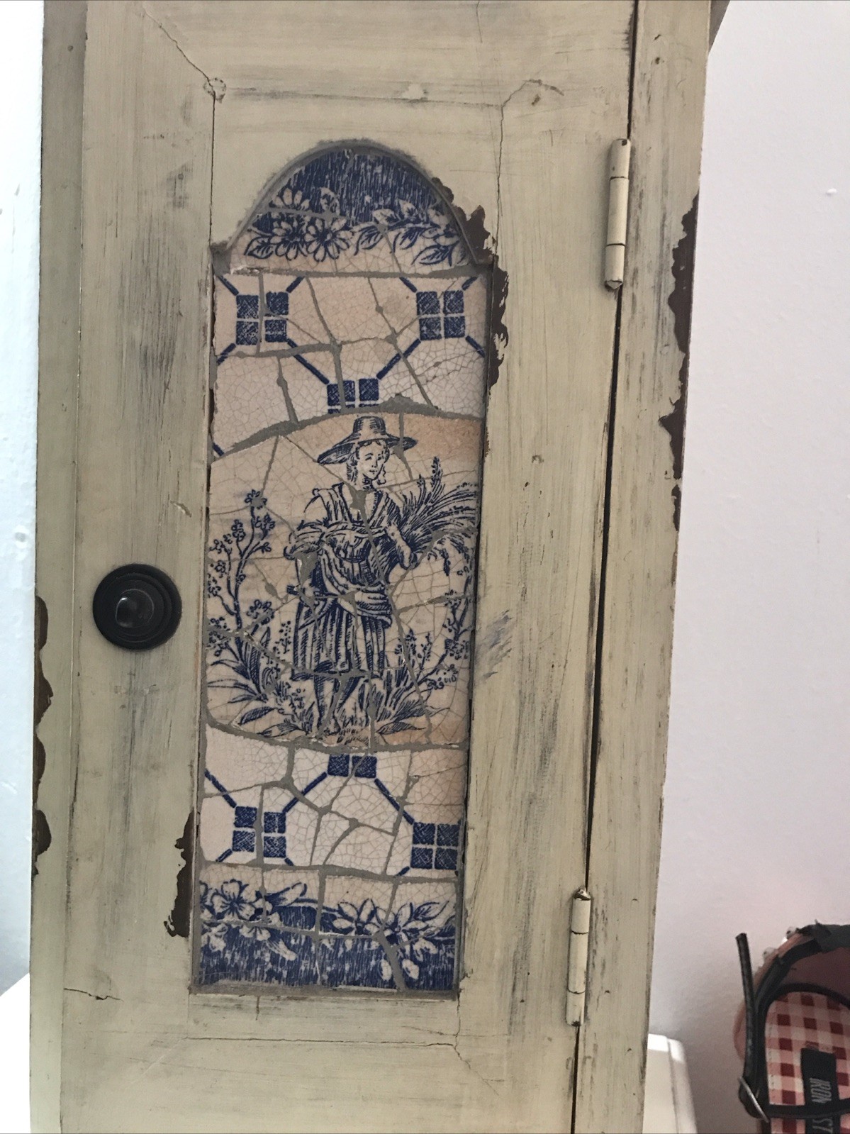 Vintage Tabletop Cabinet Delft Mosaic Tile Shabby Chic French Cottage Decor