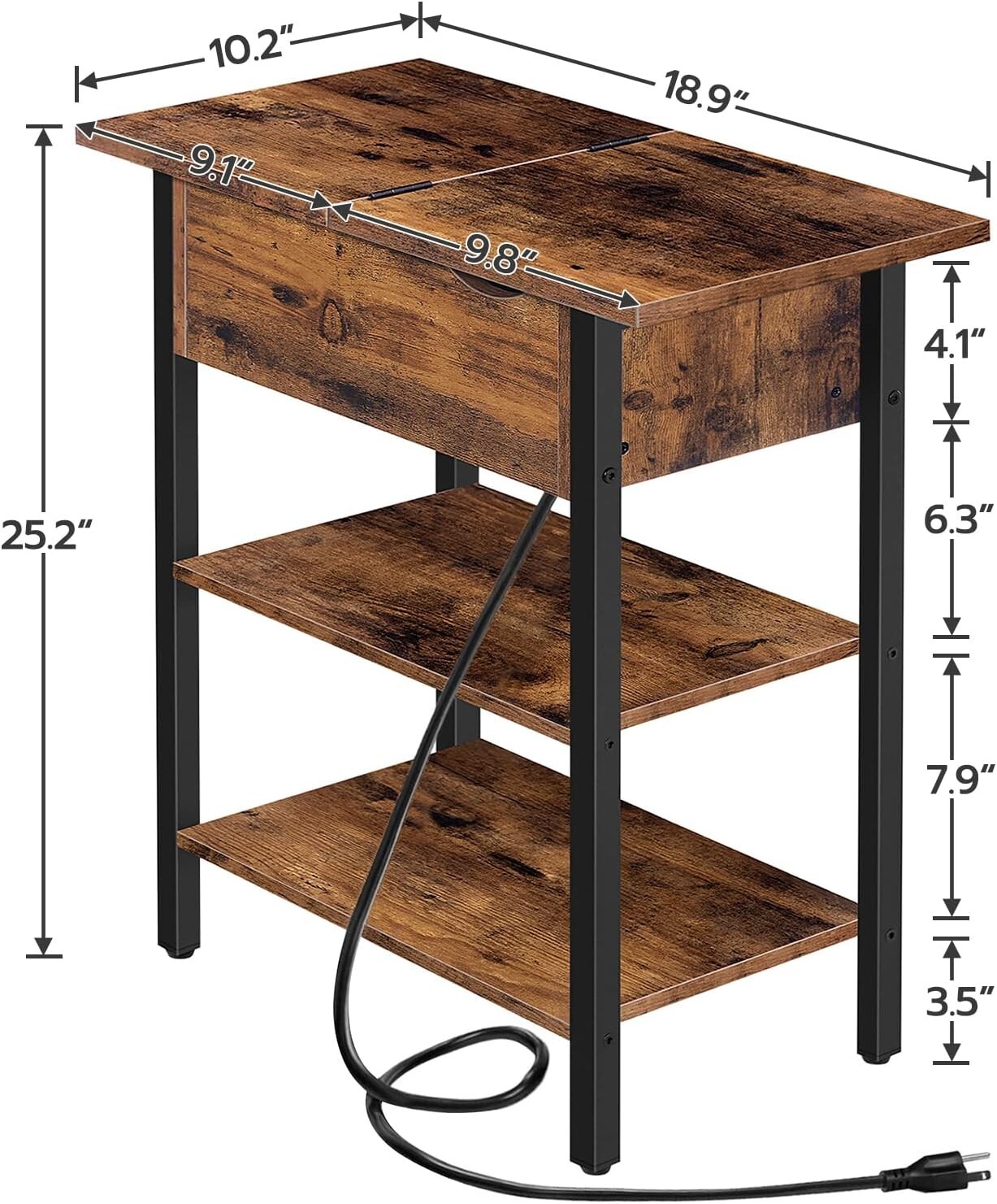 Versatile Rustic Side Table with Charging Station – USB Ports and Outlets