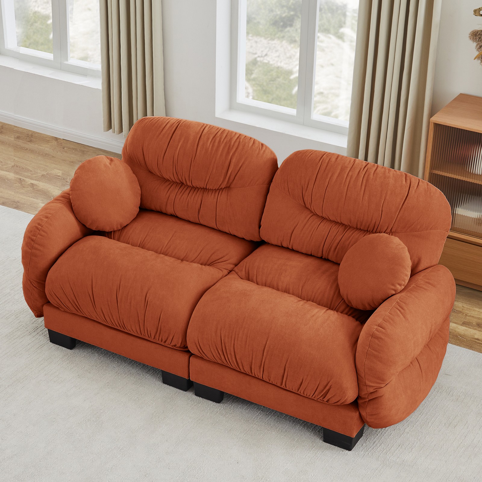 2-Seater Orange Chenille Sofa Modular W/ High-Density Foam & Throw Pillows