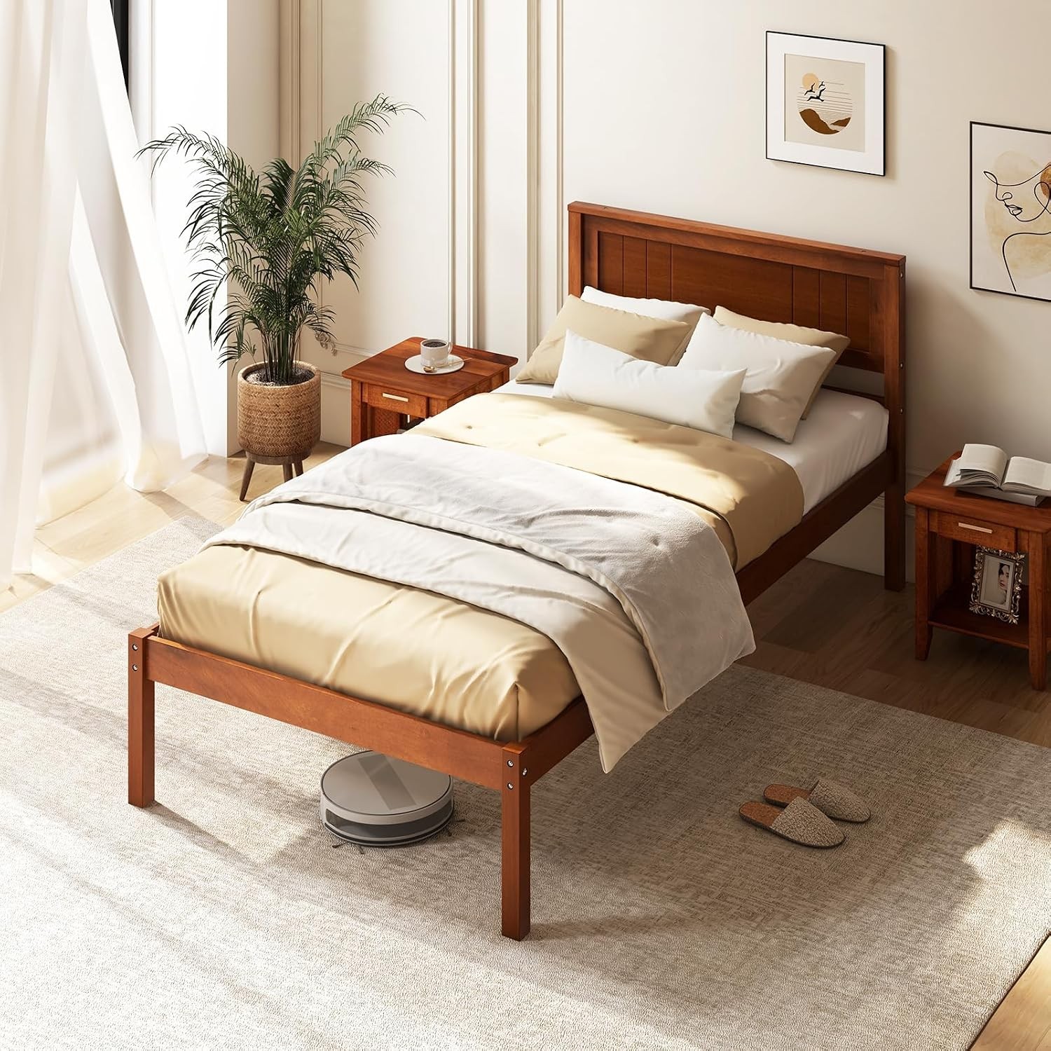 Twin Bed Frames with Headboard, Solid Wood Platform Bed with Wood Slat Support,