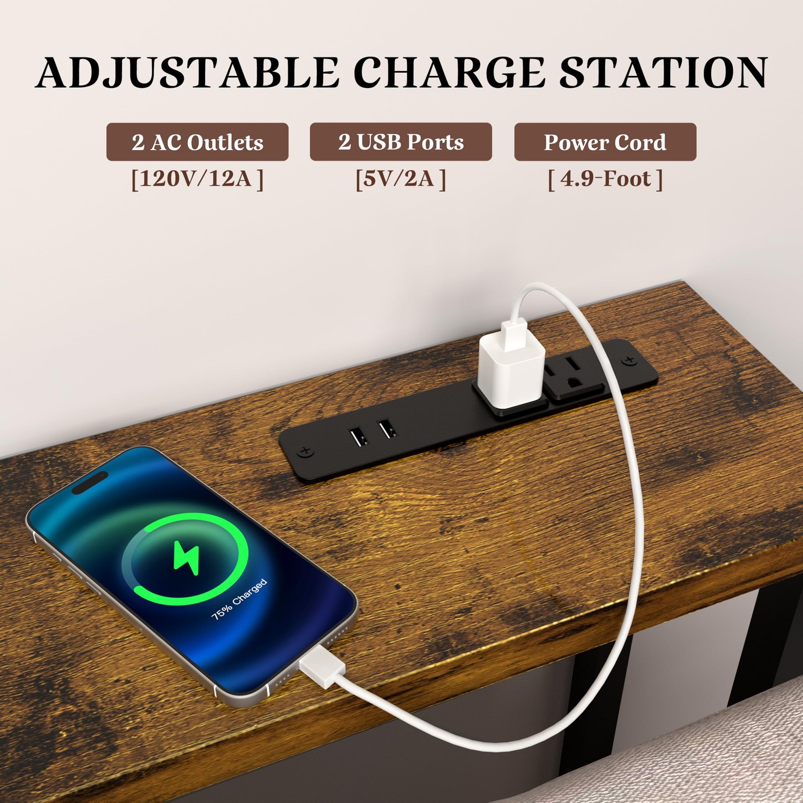 GRLEAF 78″ Sofa Table with Built-in Power Strip 78in, Rustic Brown (Regular)
