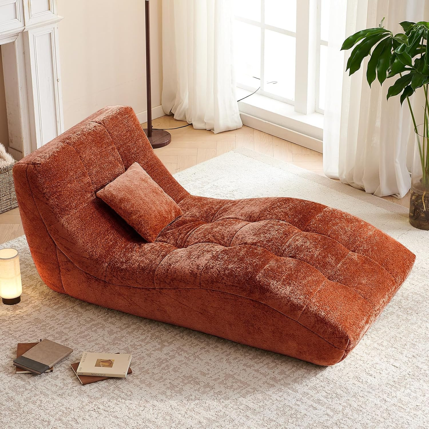 Modern Curved Back Chaise Lounge Chair Upholstered Recliner Sofa – Orange