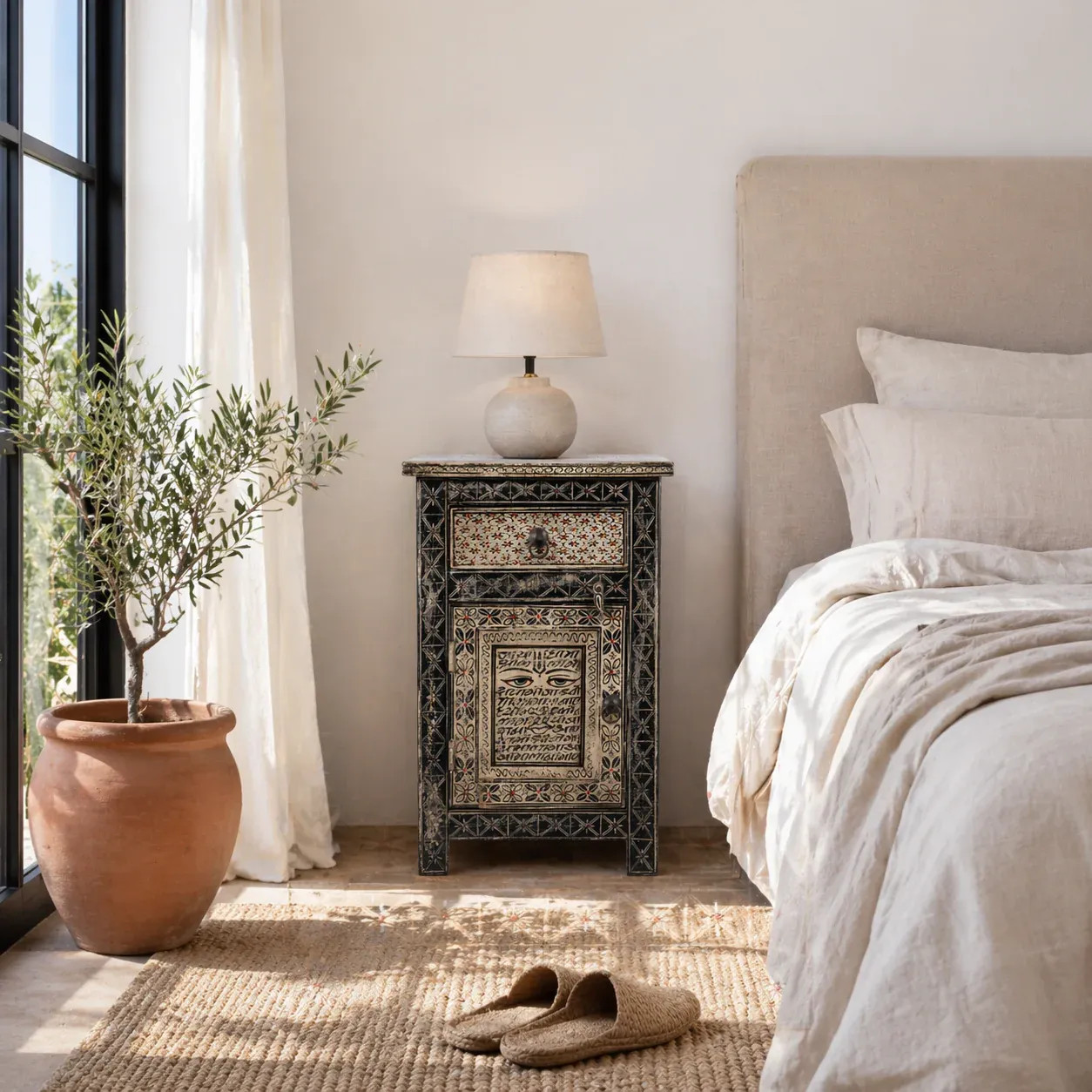 Artisan Handmade Bedside Table Solid Wood Hand Painted 17.7 × 13.8 × 27.6 inches