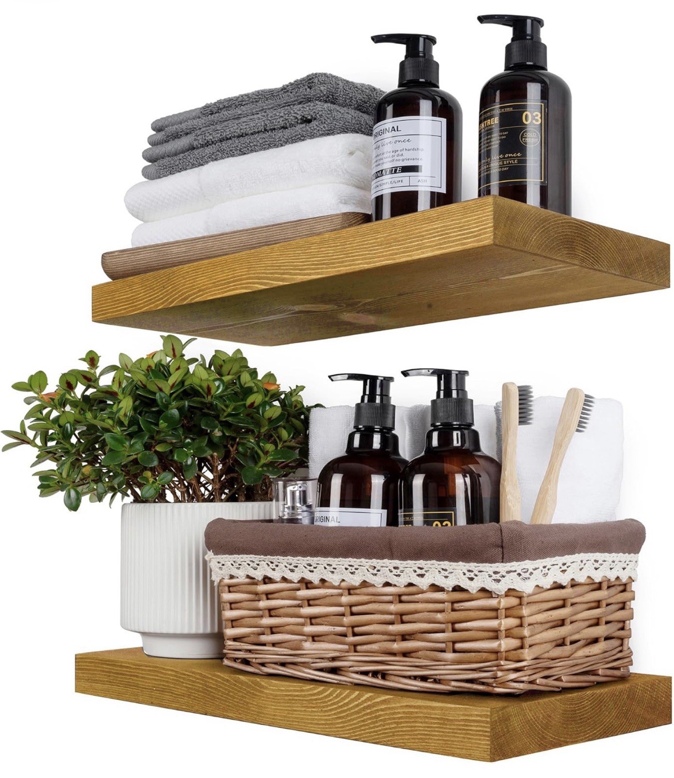 Solid Wood Floating Shelves For Wall 18” Set Of 2 Distressed Walnut W/ Brackets