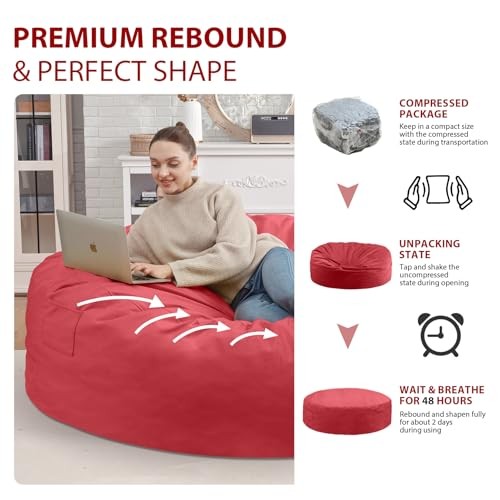 7FT Bean Bag Chair, Large Bean Bag Chairs with Memory Foam 7FT- 72″x72″x18″ Red