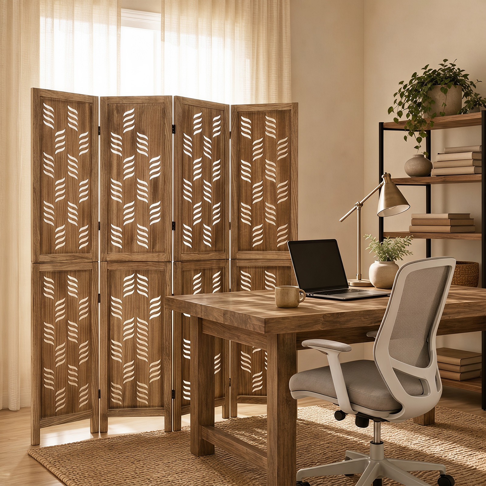 5.5 FT Tall Room Divider w/Paulownia Wood Frame Wave Cutout Pattern 2-Way Hinges