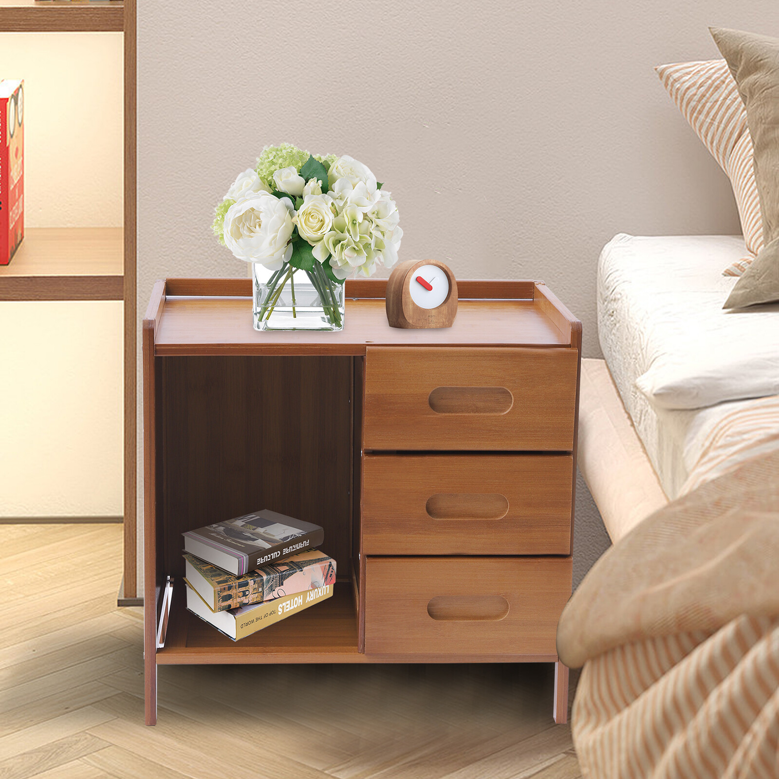 Compact Bamboo Nightstand End Table 16.5 × 11.8 × 15.7 In Drawer & Shelf