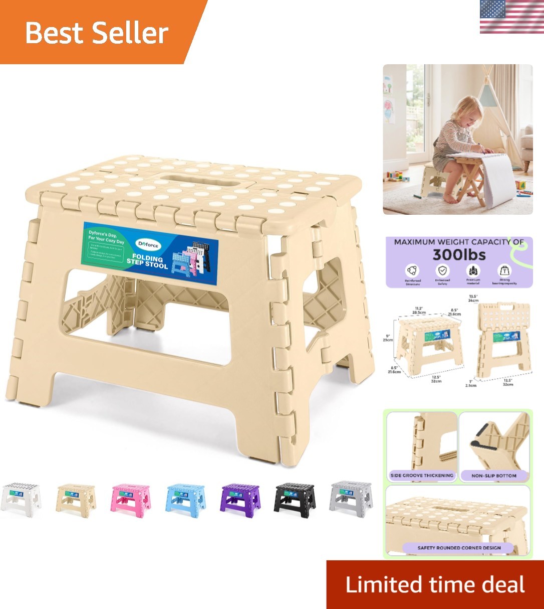 Durable Khaki Folding Step Stool 9 Inch – Stylish & Heavy Duty for All Ages