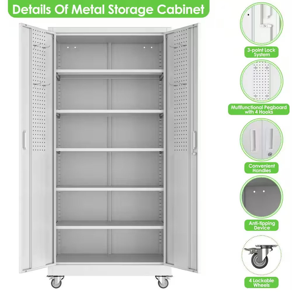 32 In. W X 71 In. H X 16 In. D Steel Rolling Freestanding Cabinet with 5-Adjusta
