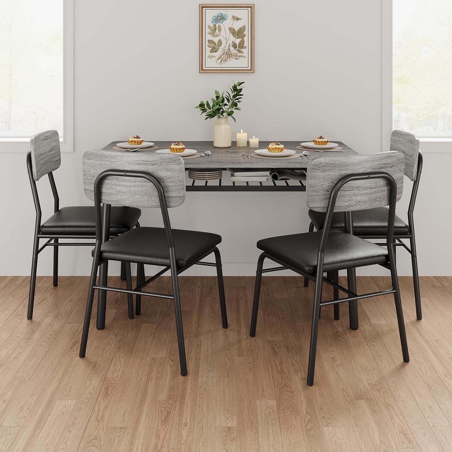 Dining Table Set for 4 with Storage Rack, 5-Piece Kitchen Table and Upholstered