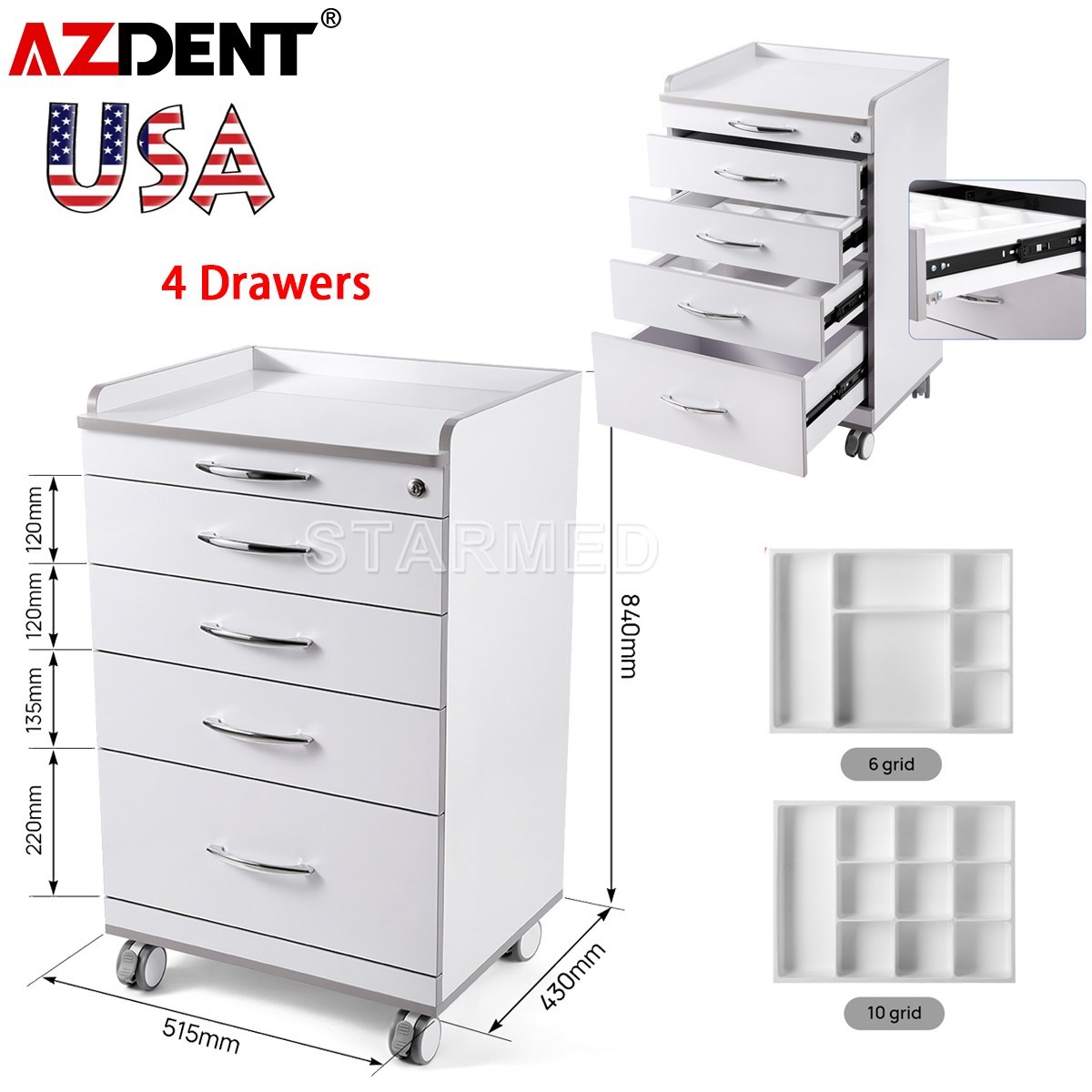 USA Dental Mobile Storage Cabinet Trolley Medical Multi-Function Cart 4 Drawers
