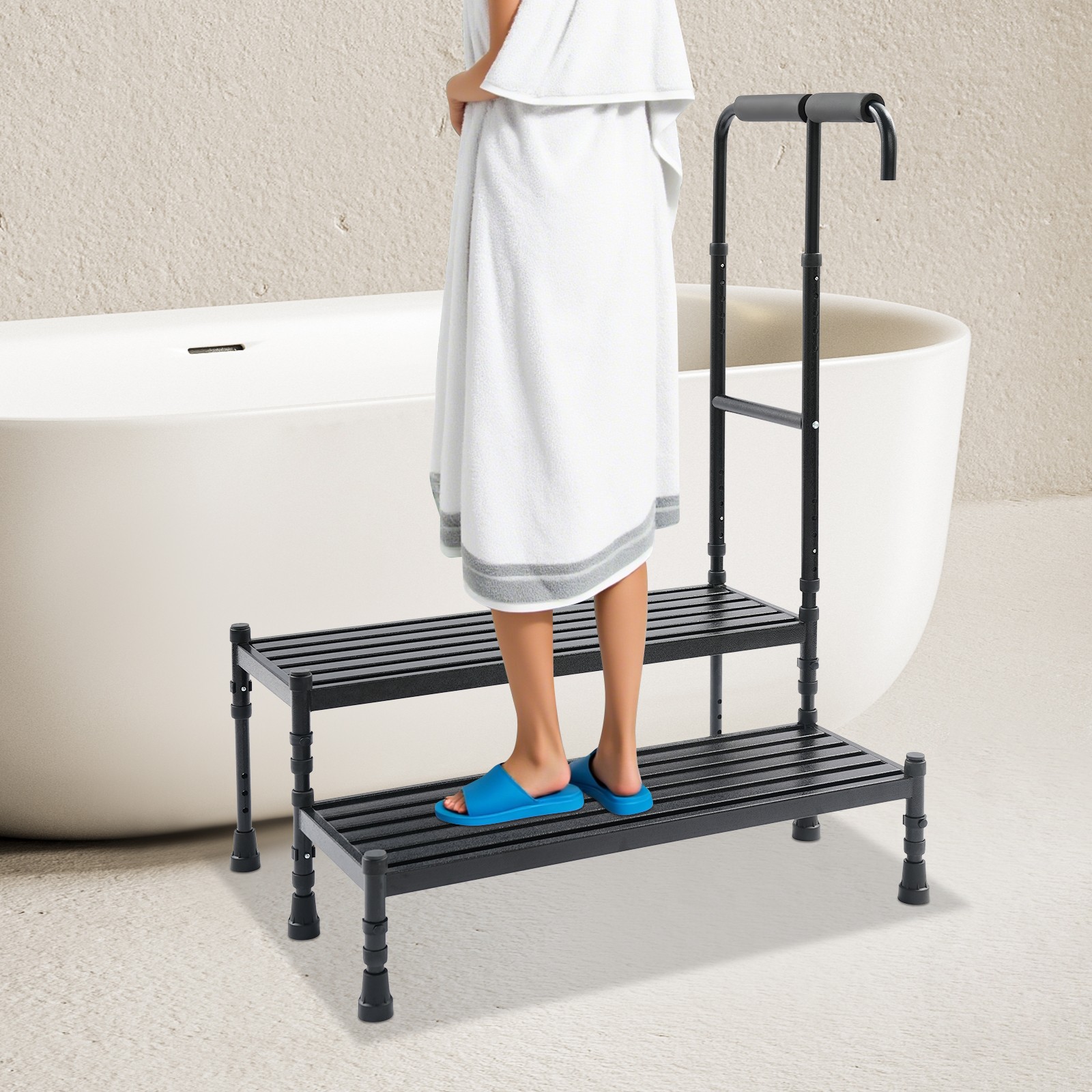 2 Steps Stool with Handle, Adult Ramp with Handrail, Metal Stepping Stool