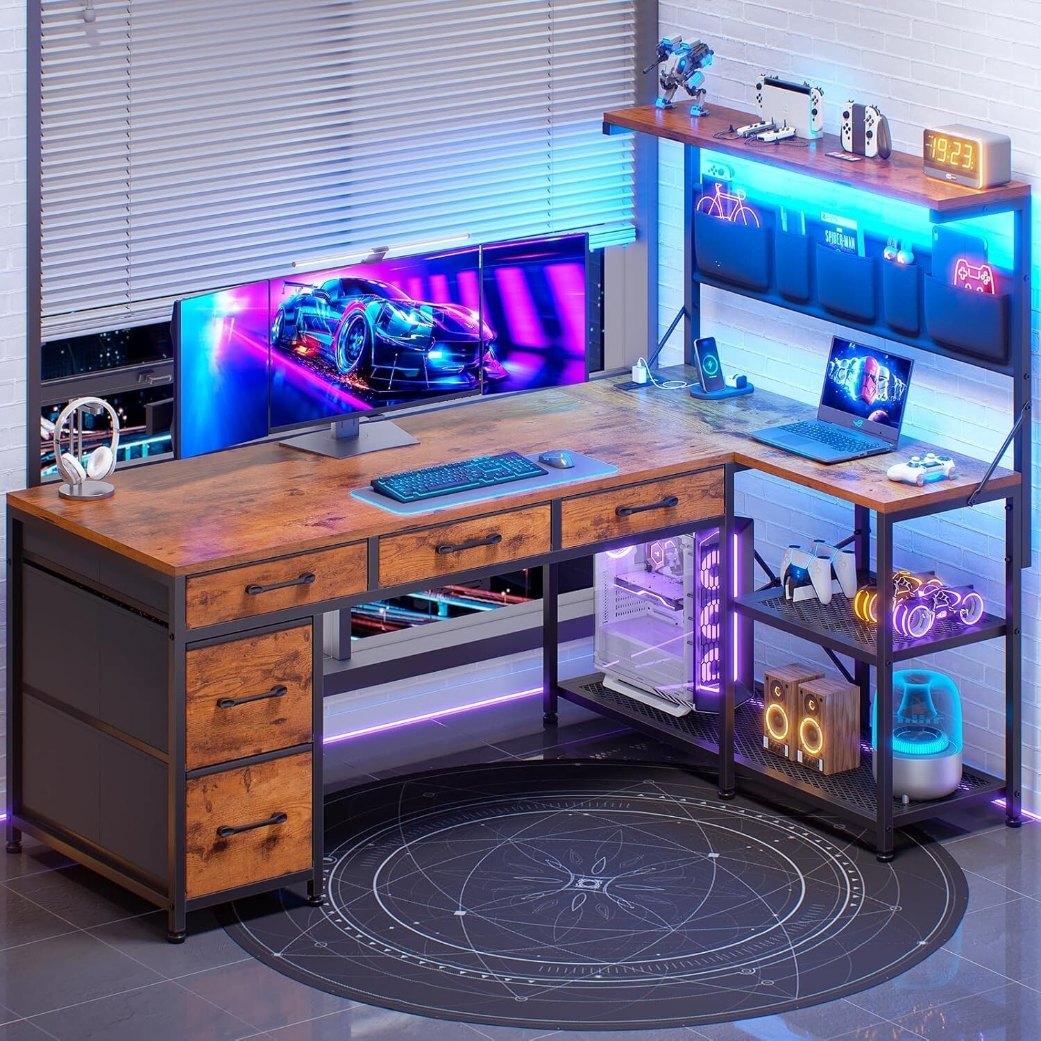 L Shaped Office Desk, Reversible Computer Desk with 5 Drawers & Storage Shelves