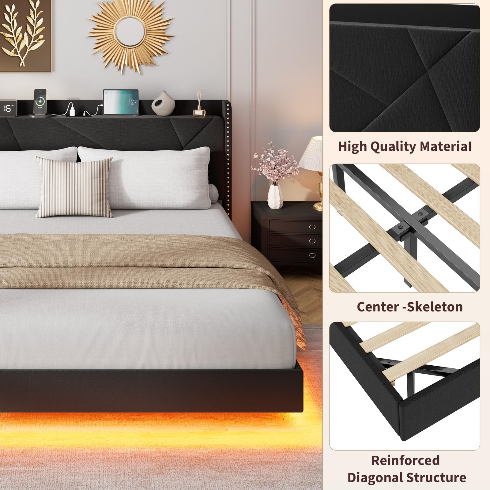 ✨Full/Queen/King Size Floating Bed Frame Upholstered Platform Bed w/ LED Lights