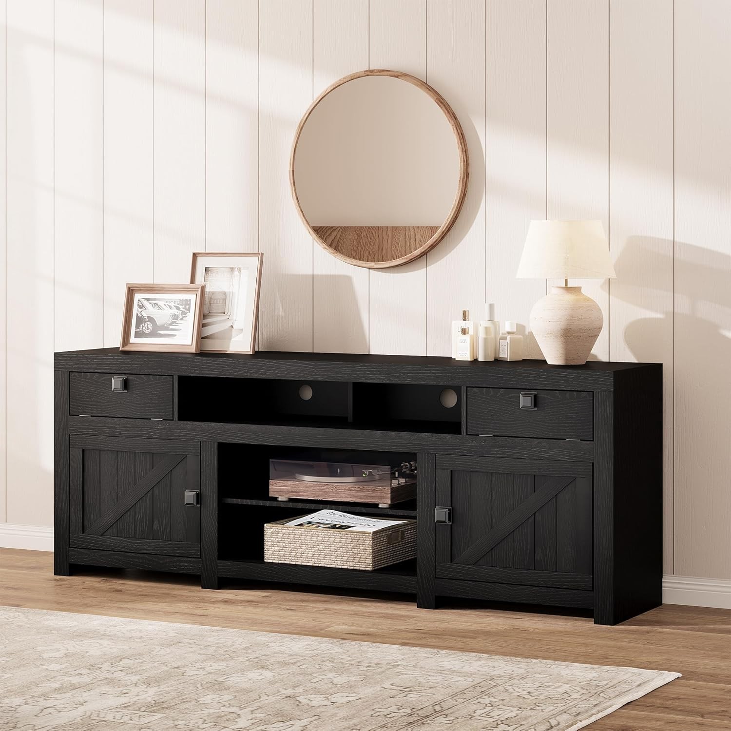 Farmhouse TV Stand for 80 in TVs, 70″ Wide Entertainment Center with 4 Drawers