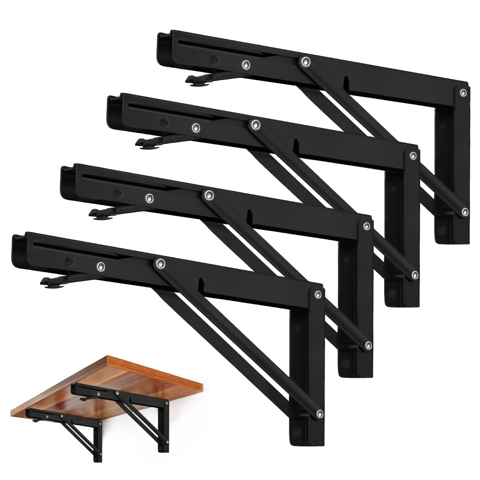 4 PCS 12 Inch Black Folding Shelf Brackets, Heavy Duty, 150 lb Load, Wall Mount