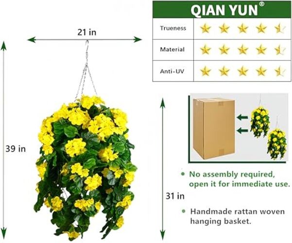 Fake Hanging Plants with Geranium Flowers-31in Fake Hanging Plant UV Yellow