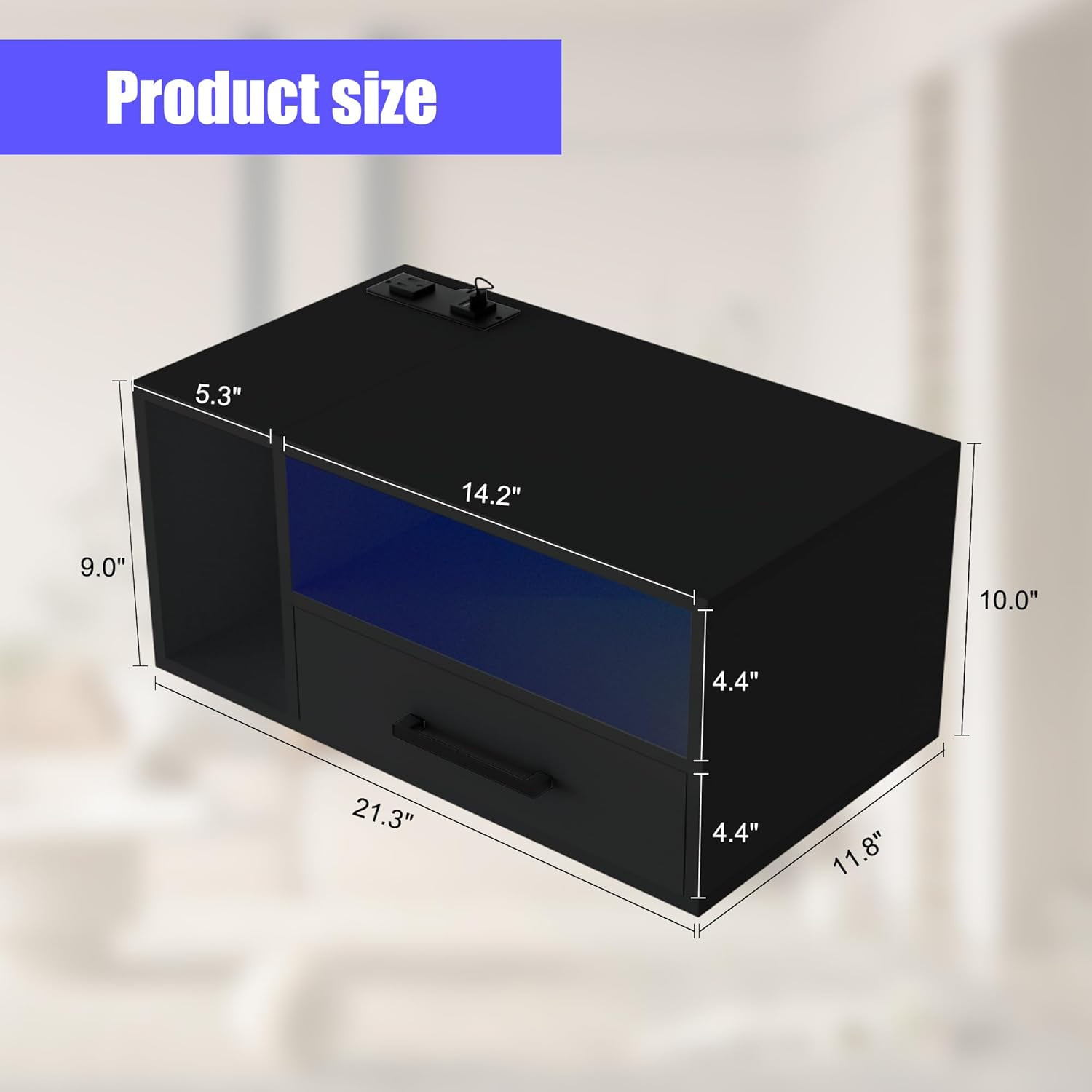Floating Nightstand with Charging Station & LED Lights, Black, 21.3″ x 11.8