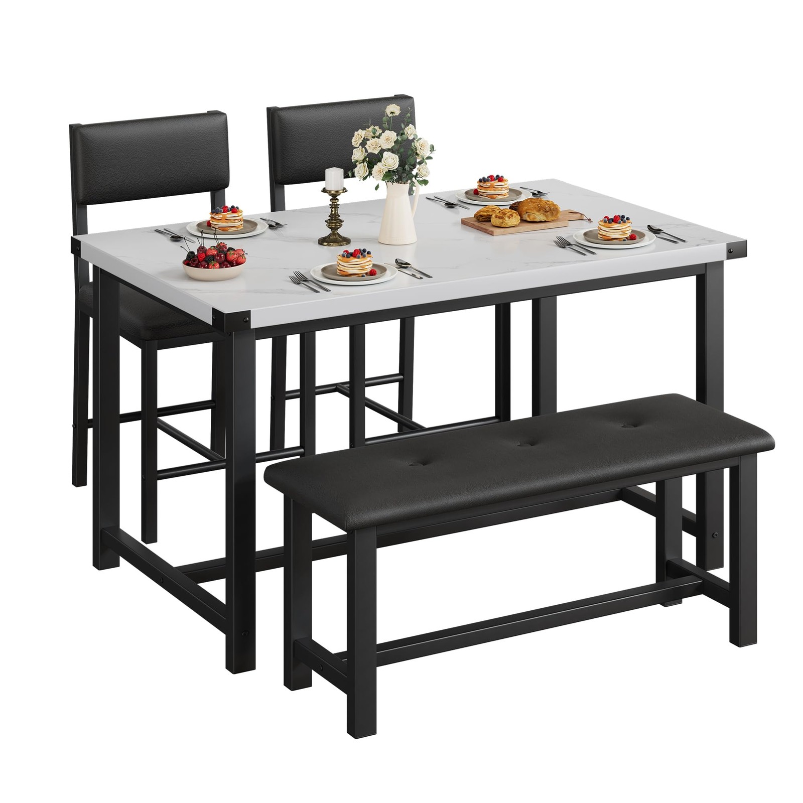 4-Piece Dining Table Set with Upholstered Bench & 2 Chairs ,Modern Kitchen Table