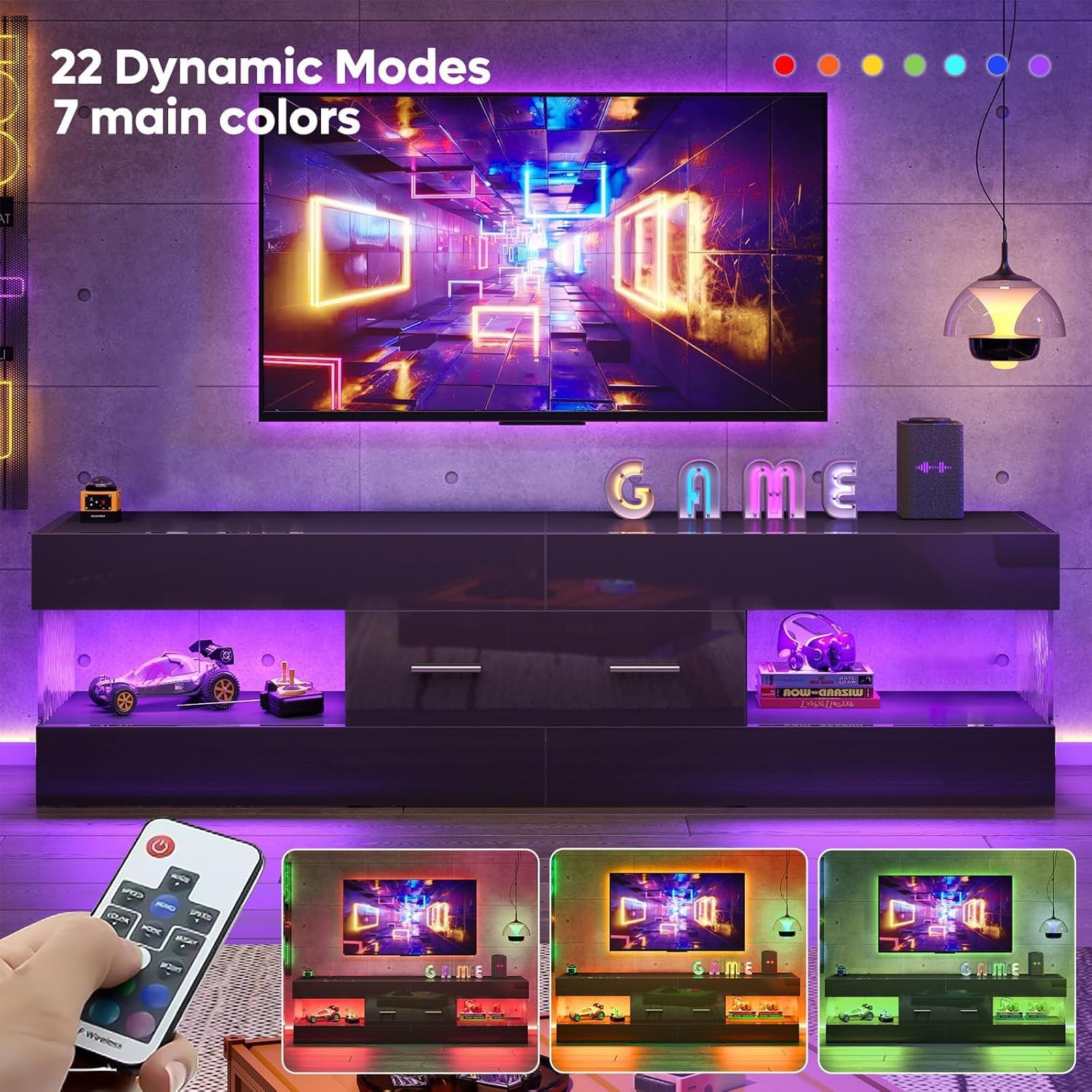 Black TV Stand for 55/60/65 Inch TV, High Gloss Modern TV Stand with