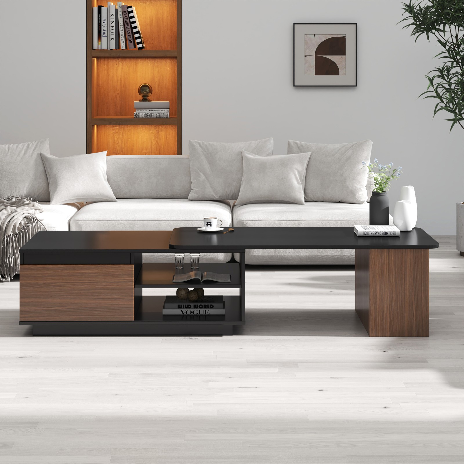 Extendable Coffee Table with 2 Storage Drawers, Adjustable Length