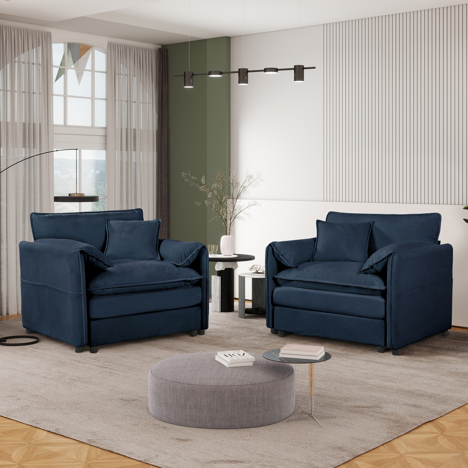 Oversized Chenille Accent Chair Set of 2, Blue, 29.92 in Deep Seat