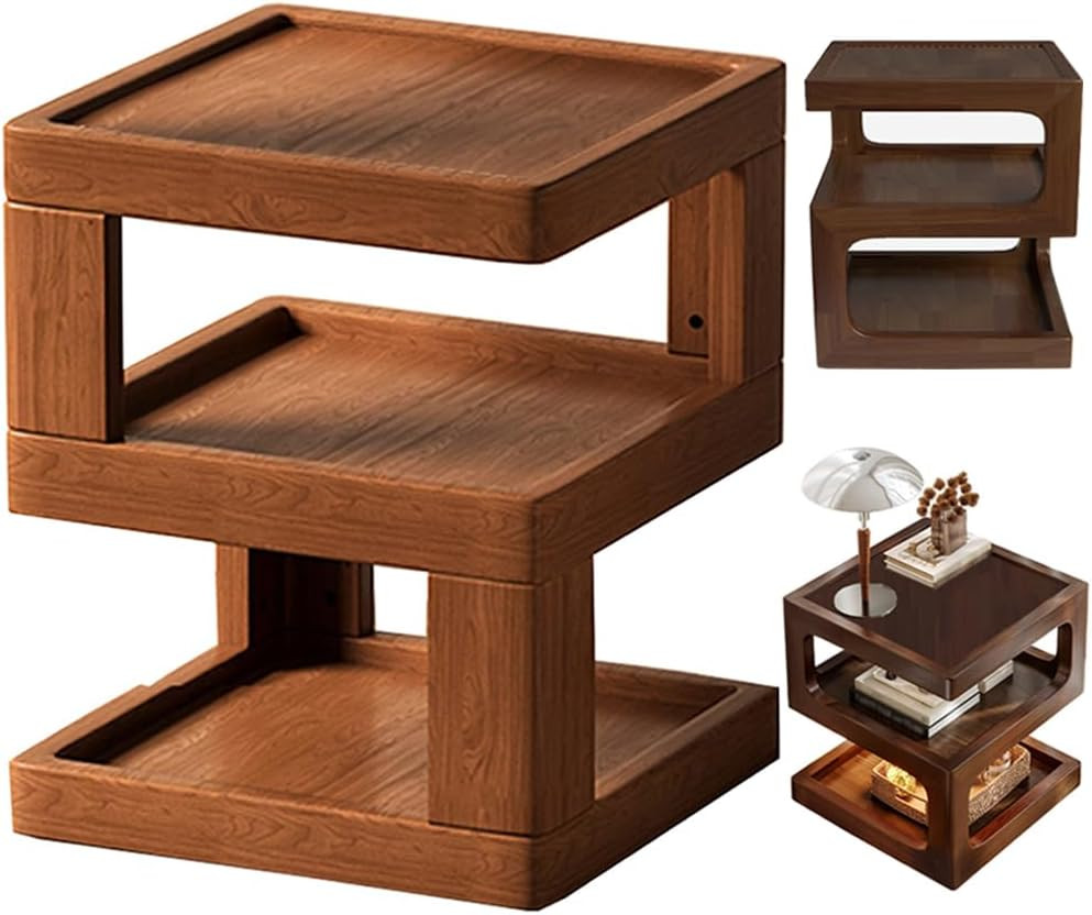 Walnut 3-Tier Solid Wood Nightstand, Modern Open Bedside Side Table 13.7″