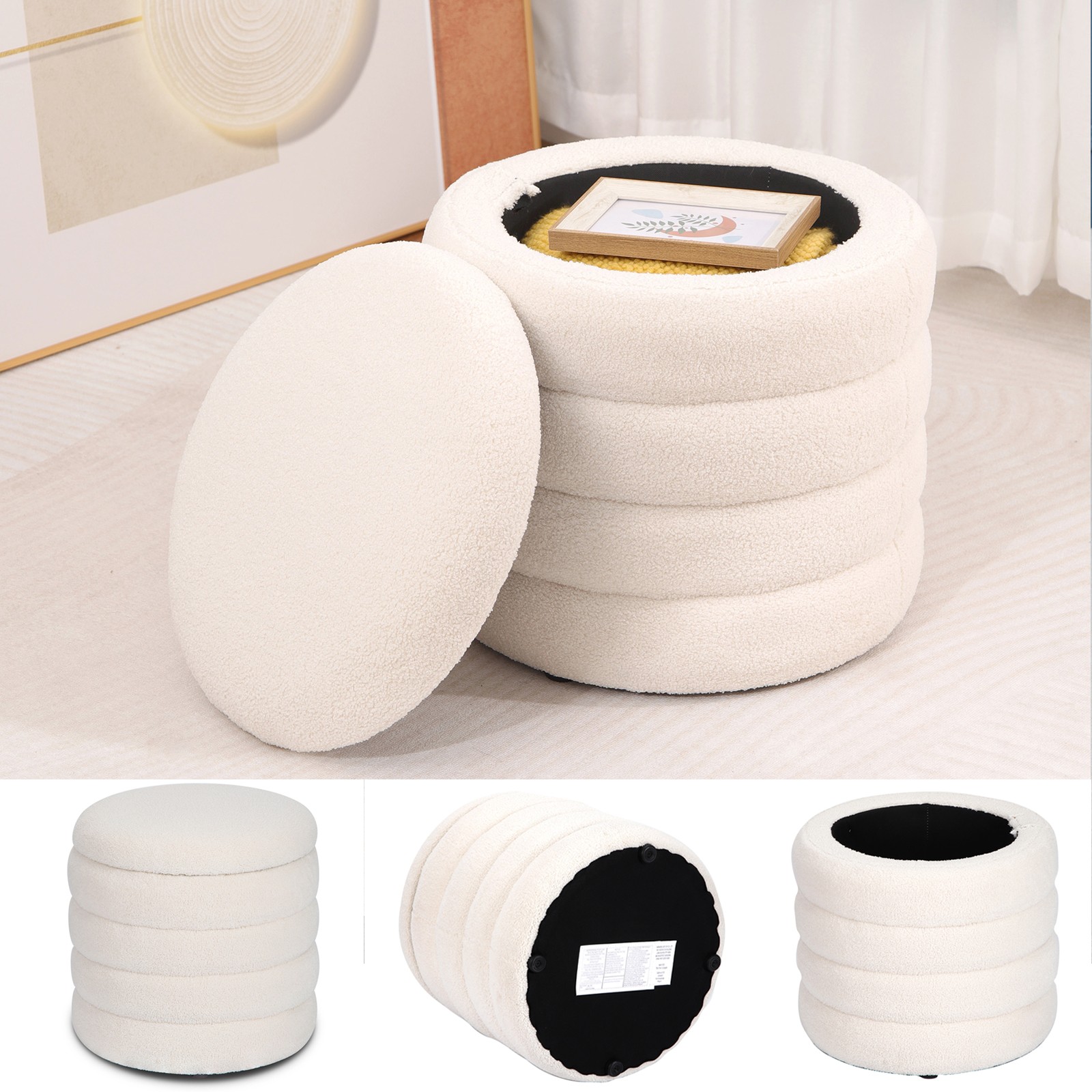 18” Padded Stool Seat Round Ottoman Storage Box Footstool Teddy flannel Modern