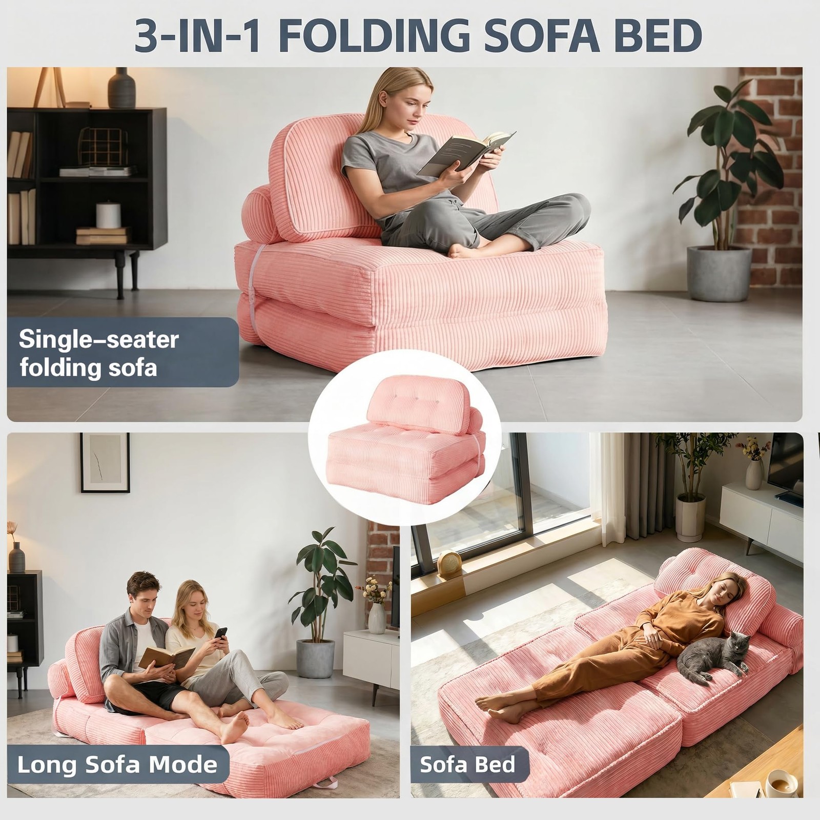 Folding Futon Sleeper Sofa Bed Chair, No Assembly, Pink 5 | Dual-layer flannel