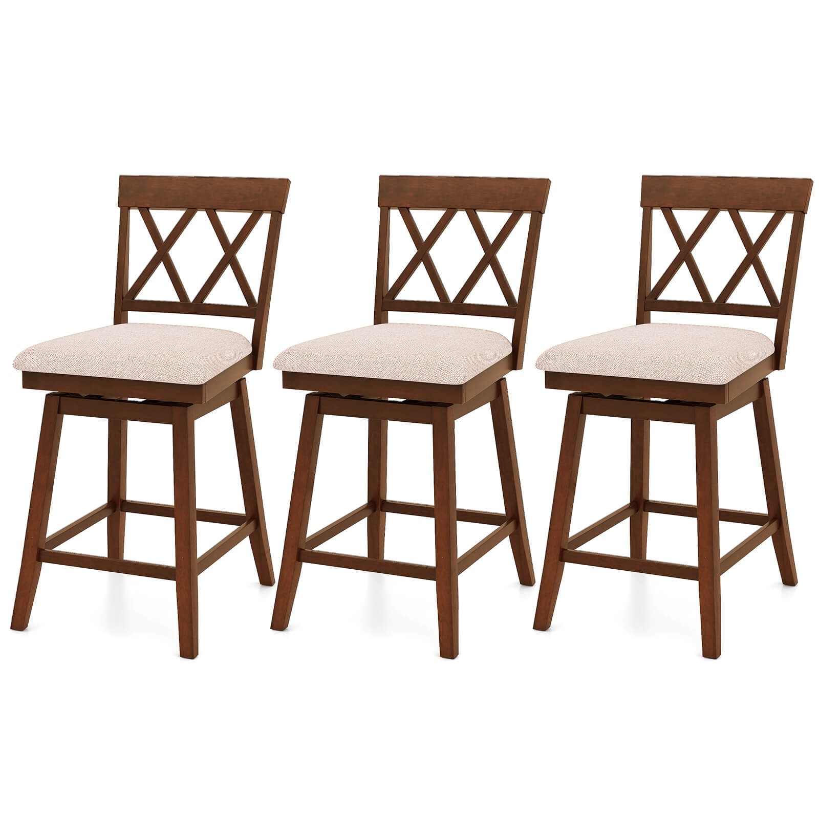 24″ Bar Stool Wooden Chair Set of 3 w/Contoured Backrest Swivel Padded Seat