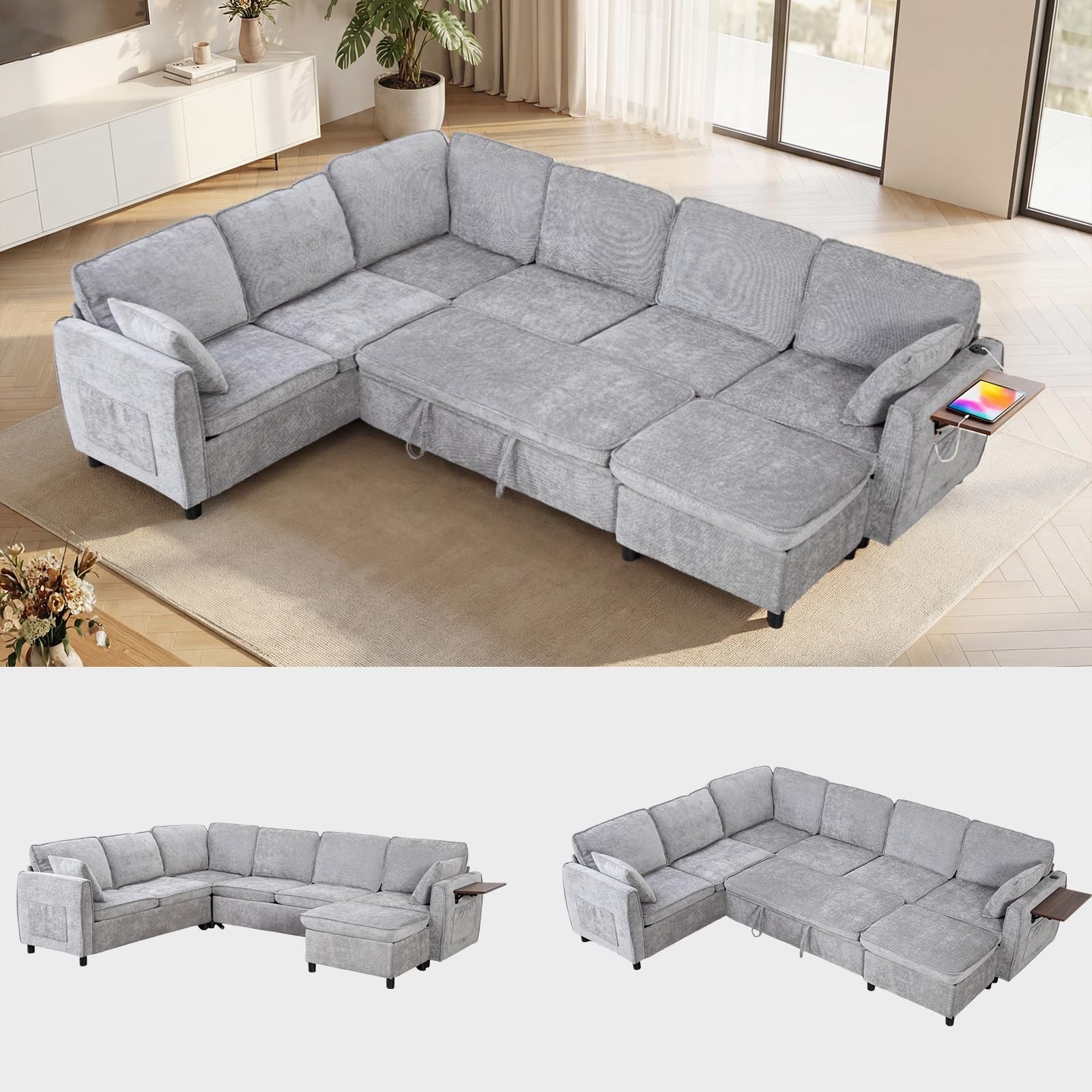 116″ 7-Seater Modular Sectional Sleeper Sofa W/Charging Port&Foldable Side Table