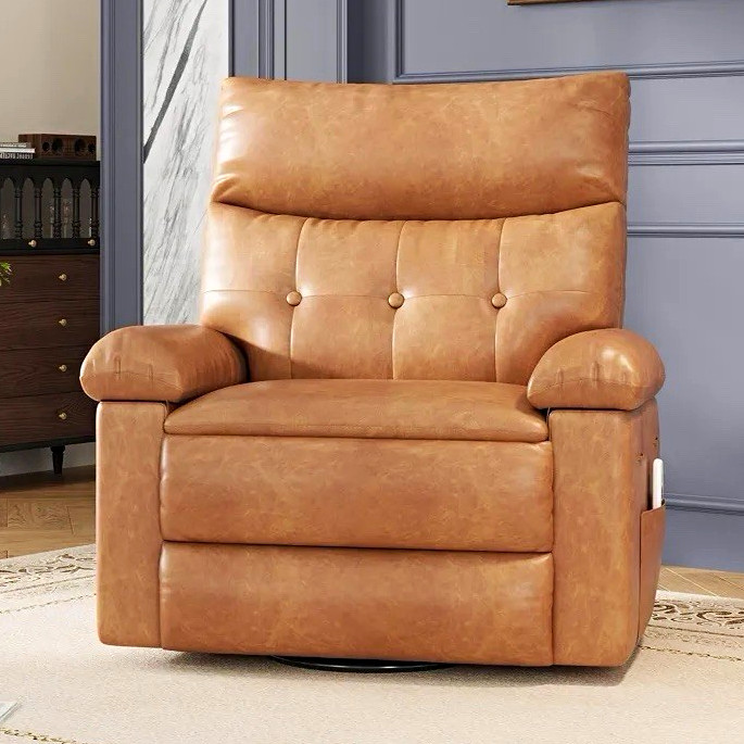 Brown PU Leather Swivel Recliner Chair w/ Massage Heat Side Pocket
