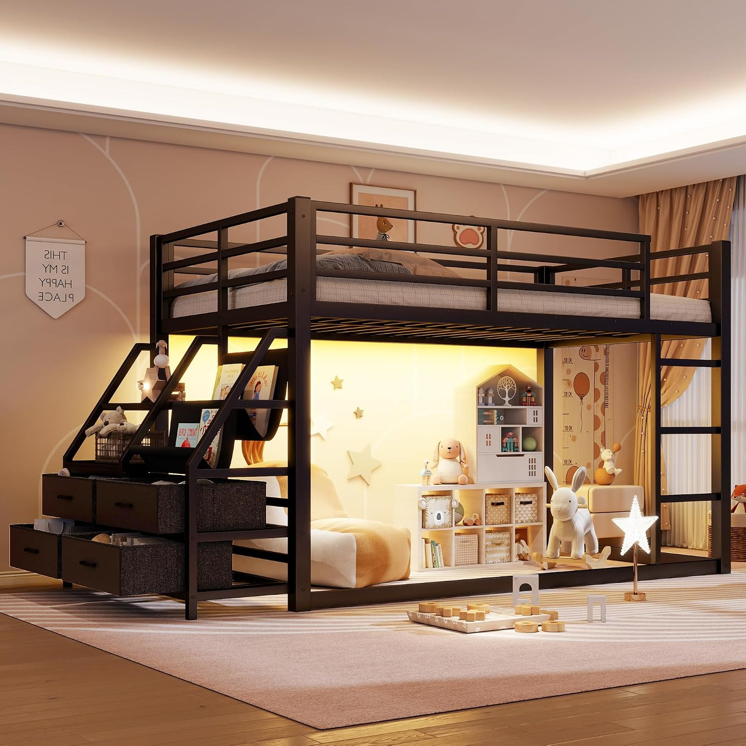 Twin over Twin Low Profile Metal Bunk Bed with RGB LED Lights, 4 Fabric Storage
