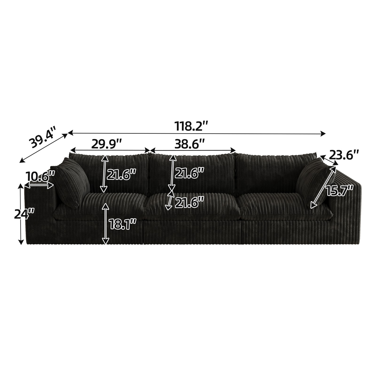 118″ Comfy 3 Seater Sofas Cloud Modular Sectional Corduroy Couch with Deep Seat