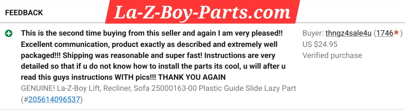 FACTORY La-Z-Boy Lift, Recliner, Sofa 25000163-00 Plastic Guide Slide Lazy Parts