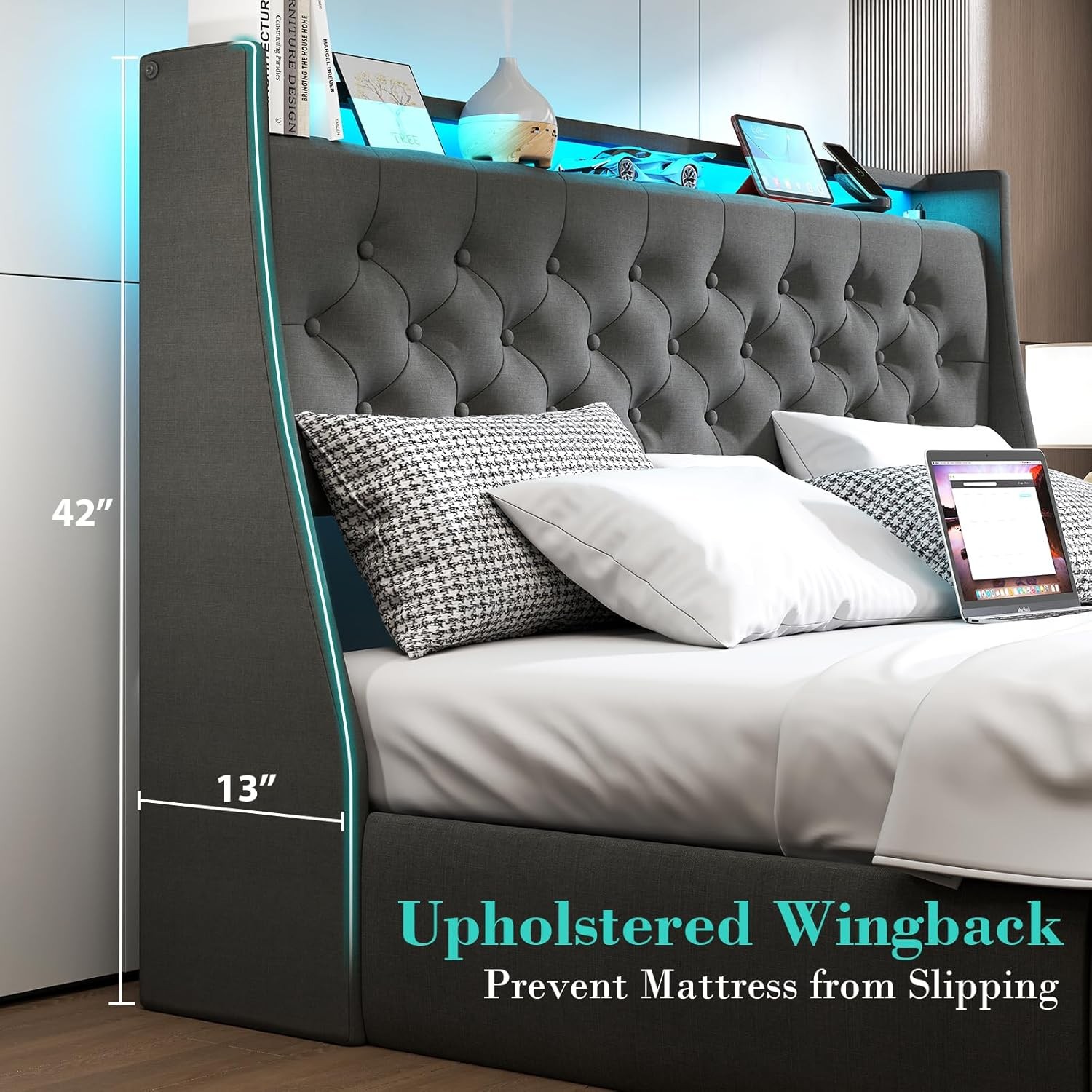 Button Tuffed Full Queen King Upholstered Bed Frame with Charging and Headboard