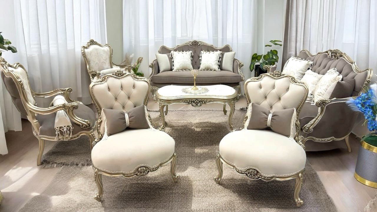 Handmade Solid Wood Victorian Sofa Set 9 Pc Beige Champagne Gold Living Room Set