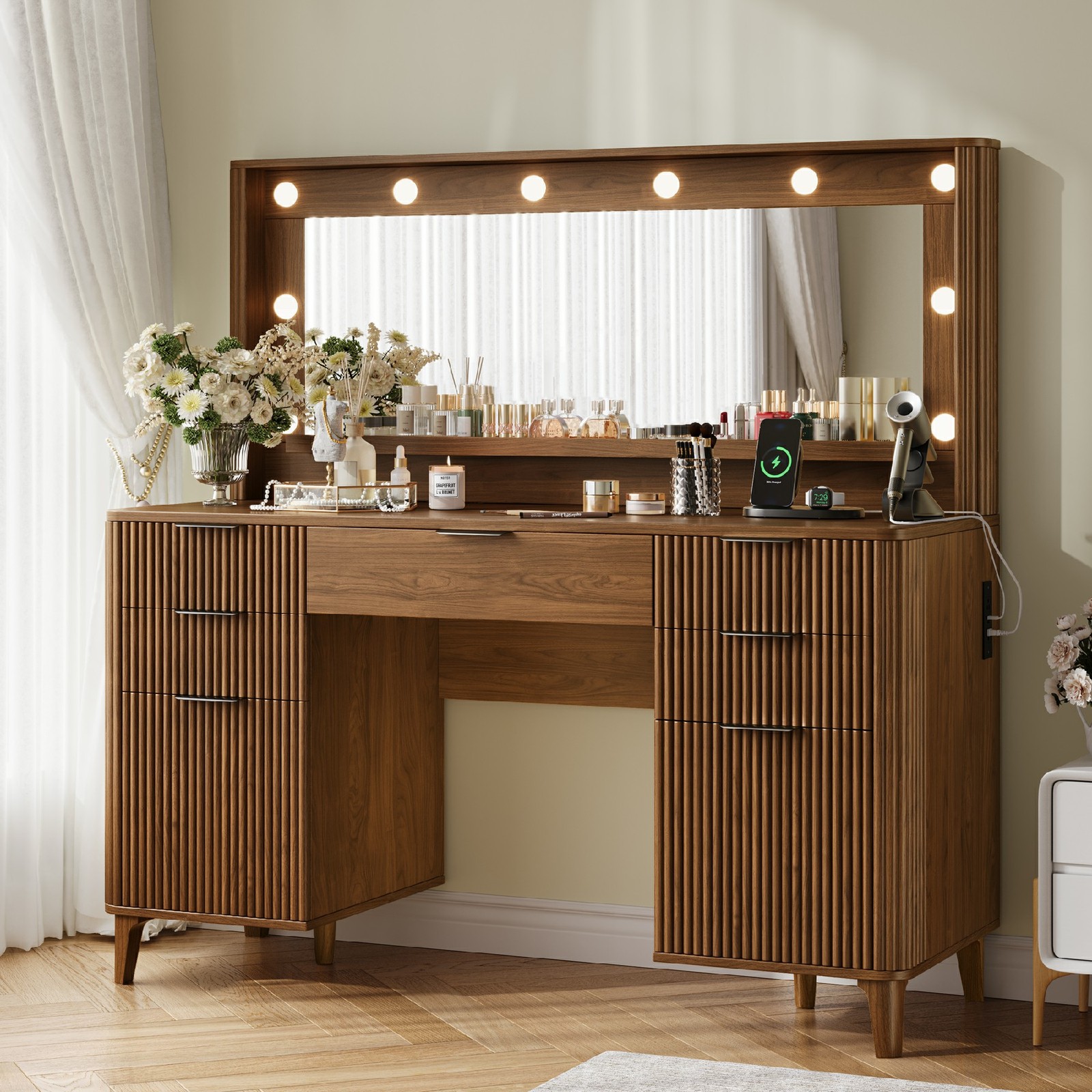 Large Makeup Vanity Desk w/ Mirror, Lights, Vanity Desk with 5 Drawers 2 Cabinet
