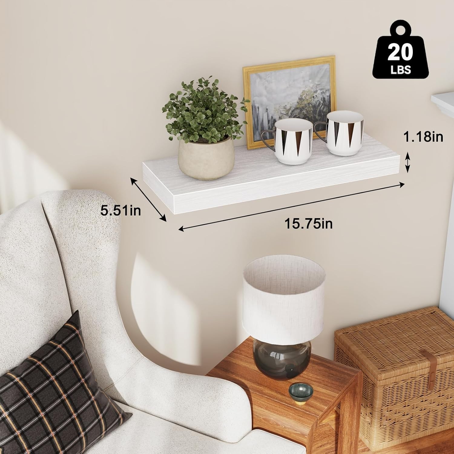 Floating Shelves for Wall Decor White, Set of 2, 15.7 Inch | MDF Shelves with…