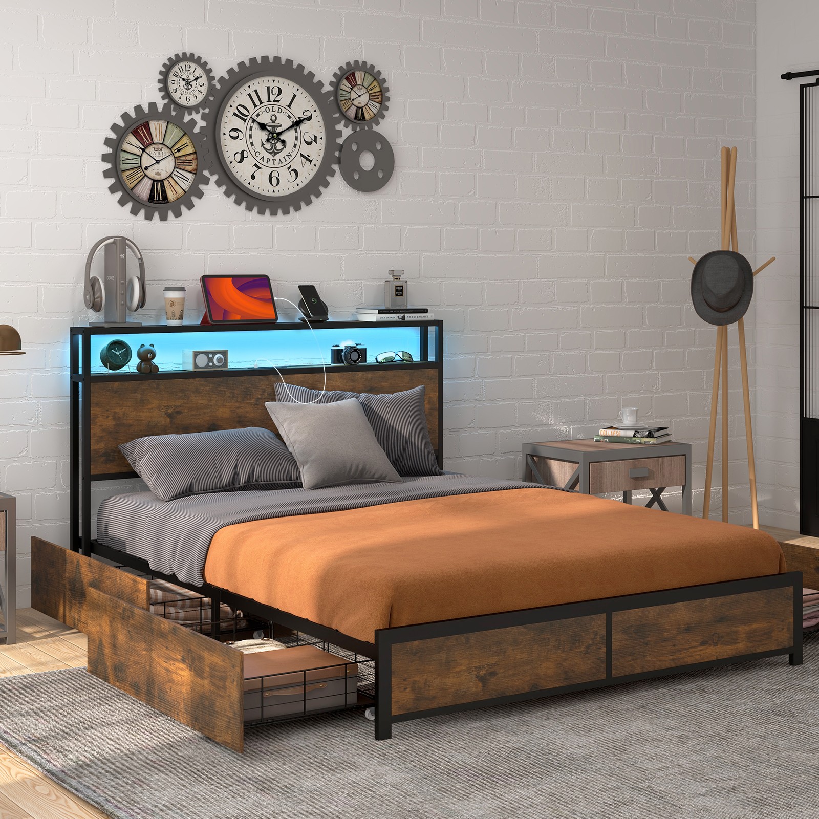 Full Industrial Platform Bed Frame with Storage Drawers & LED Lights Headboard