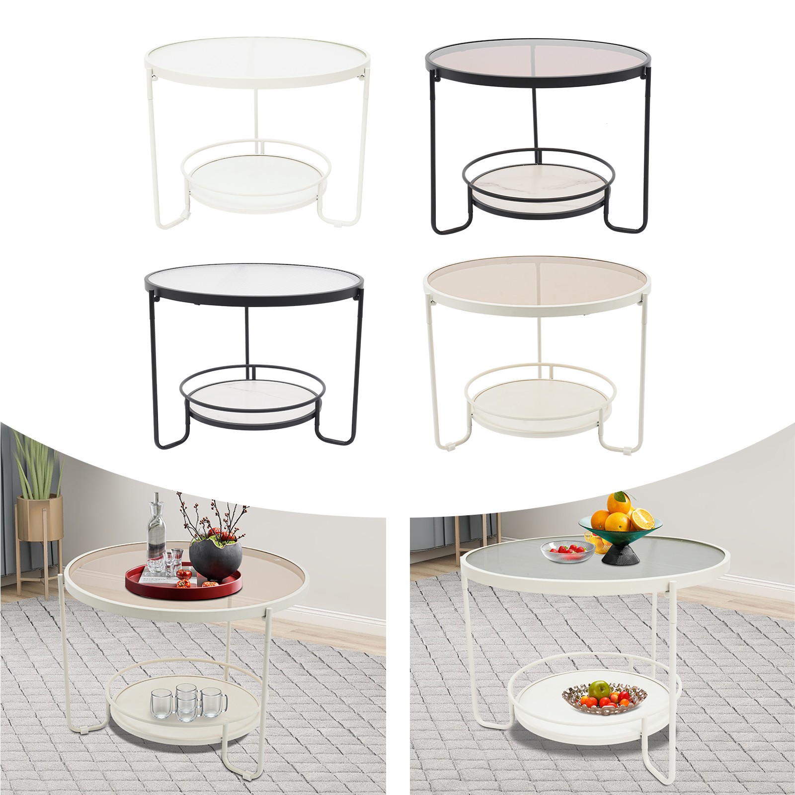 Modern Round 2-Tier Side Table – Black/White& Teal/Clear, Tempered Glass 60/40cm