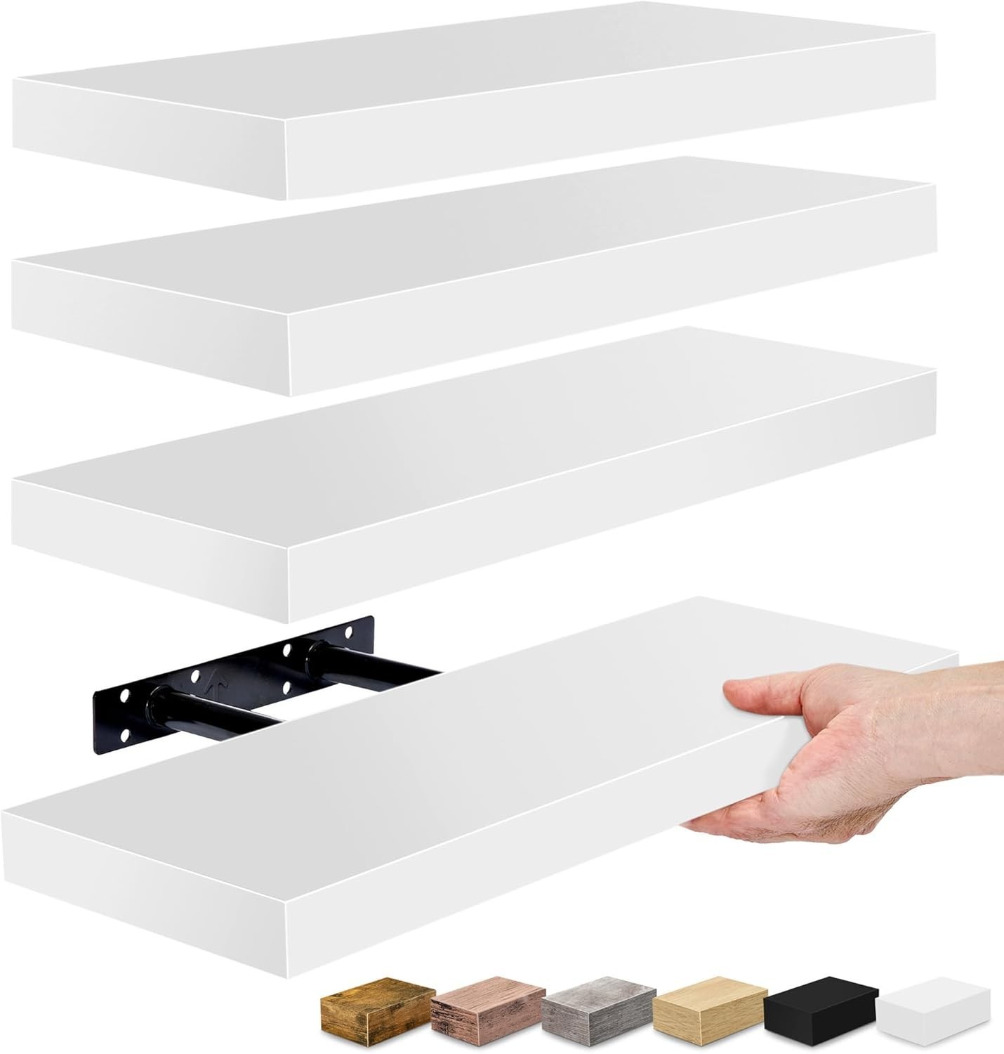 Floating Shelves, set of 4, – Stylish Wall-Mounted Shelves. White Solid Wood